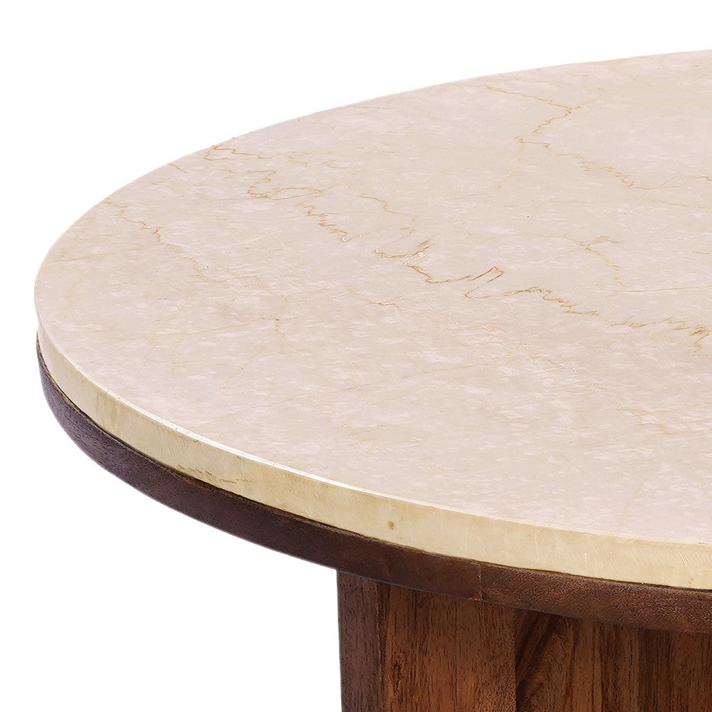 The Urban Port Kara Coffee Table, 29 Inch Round Botticino Marble Top, Brown Mango Wood 3 Panel Tripod Base