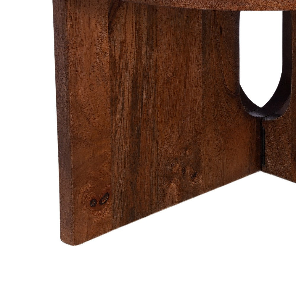 The Urban Port Kara Coffee Table, 29 Inch Round Botticino Marble Top, Brown Mango Wood 3 Panel Tripod Base