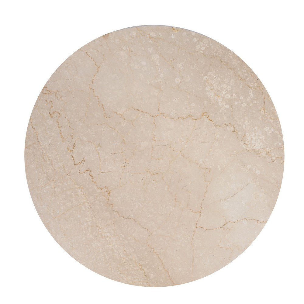 The Urban Port Kara Coffee Table, 29 Inch Round Botticino Marble Top, Brown Mango Wood 3 Panel Tripod Base