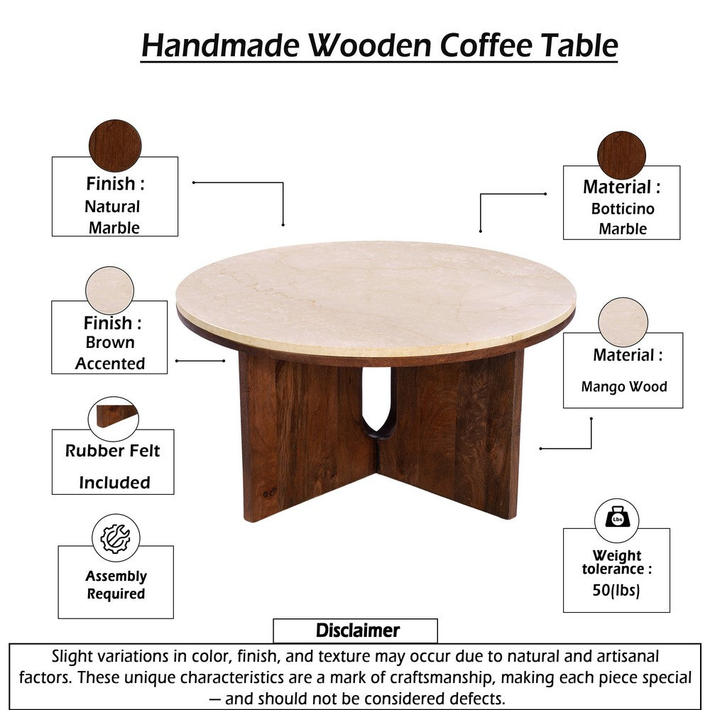 The Urban Port Kara Coffee Table, 29 Inch Round Botticino Marble Top, Brown Mango Wood 3 Panel Tripod Base
