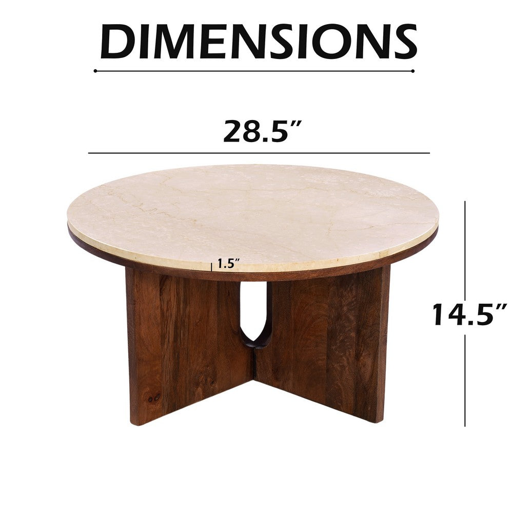 The Urban Port Kara Coffee Table, 29 Inch Round Botticino Marble Top, Brown Mango Wood 3 Panel Tripod Base