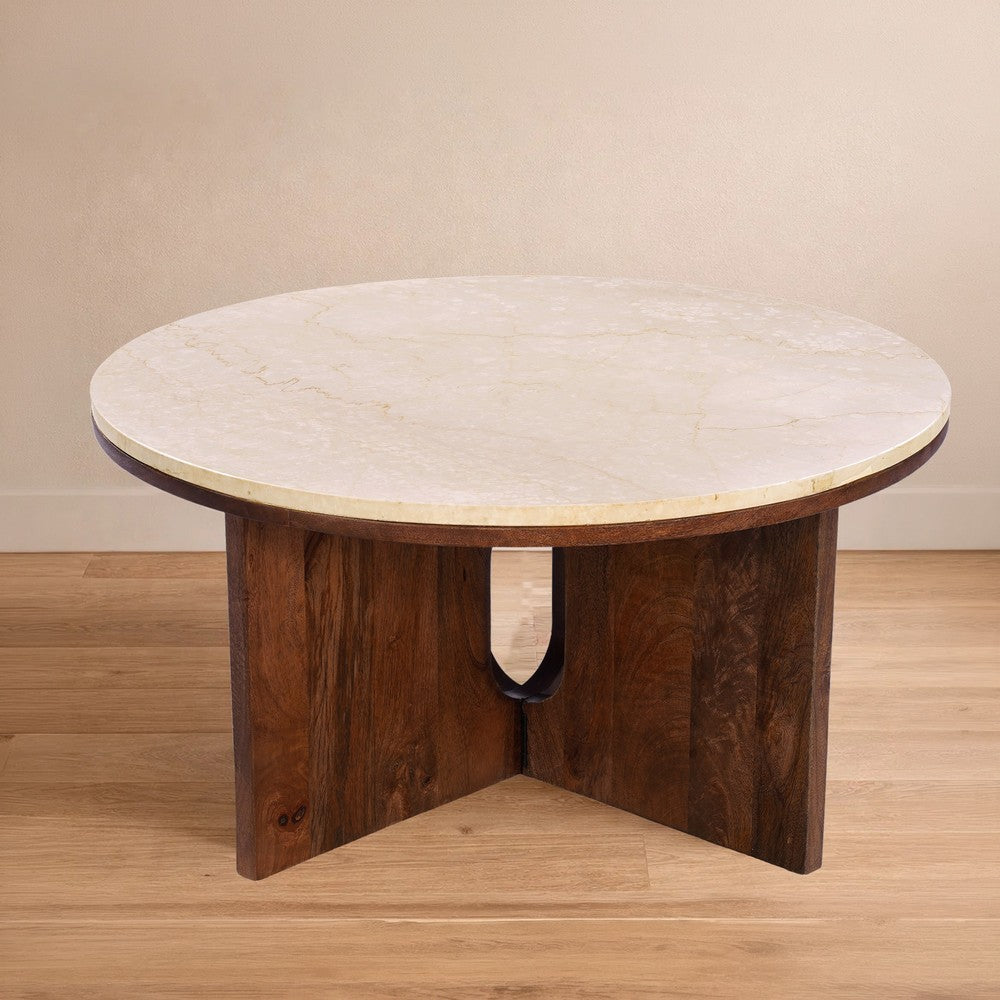 The Urban Port Kara Coffee Table, 29 Inch Round Botticino Marble Top, Brown Mango Wood 3 Panel Tripod Base