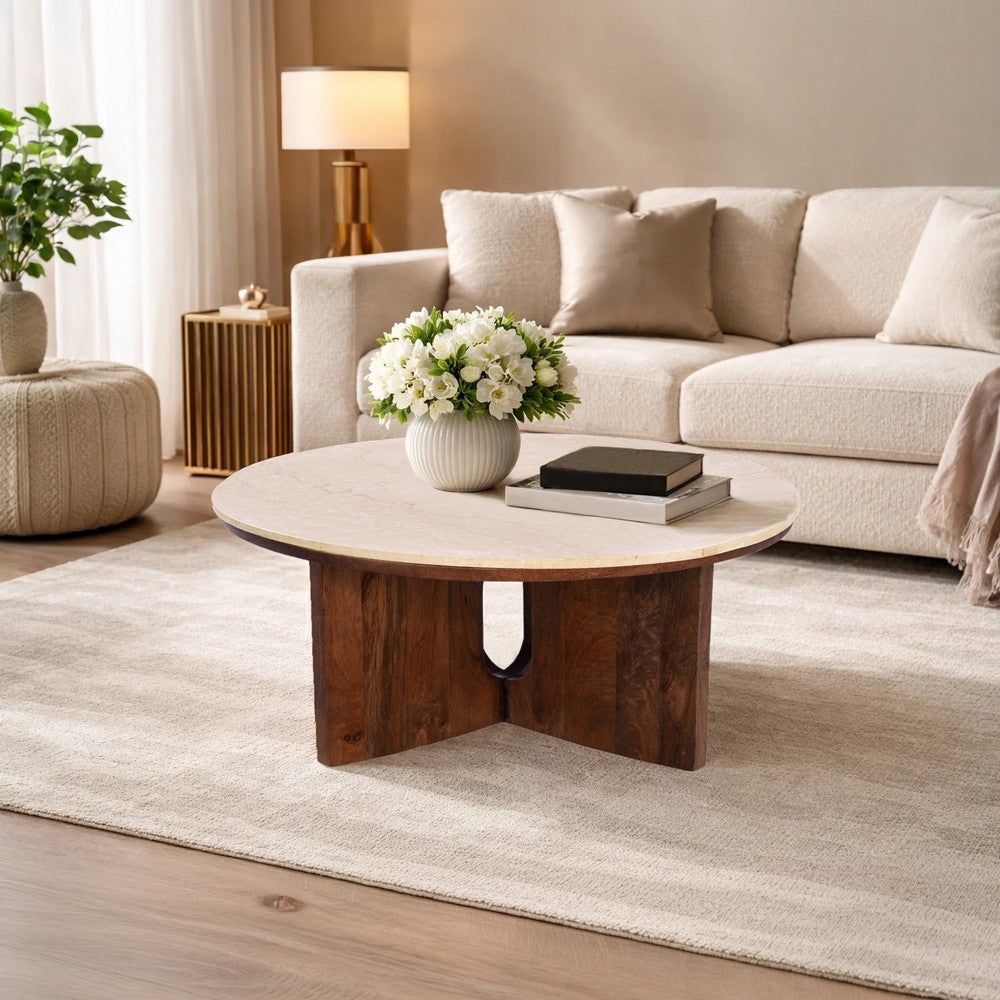 The Urban Port Kara Coffee Table, 29 Inch Round Botticino Marble Top, Brown Mango Wood 3 Panel Tripod Base