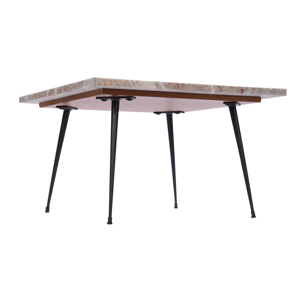 The Urban Port Taro Cocktail Table | 24 Inch Square Taupe Brown Marble Top | Indoor & Outdoor Patio Table | Black Metal Legs