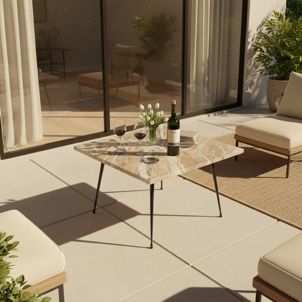 The Urban Port Taro Cocktail Table | 24 Inch Square Taupe Brown Marble Top | Indoor & Outdoor Patio Table | Black Metal Legs