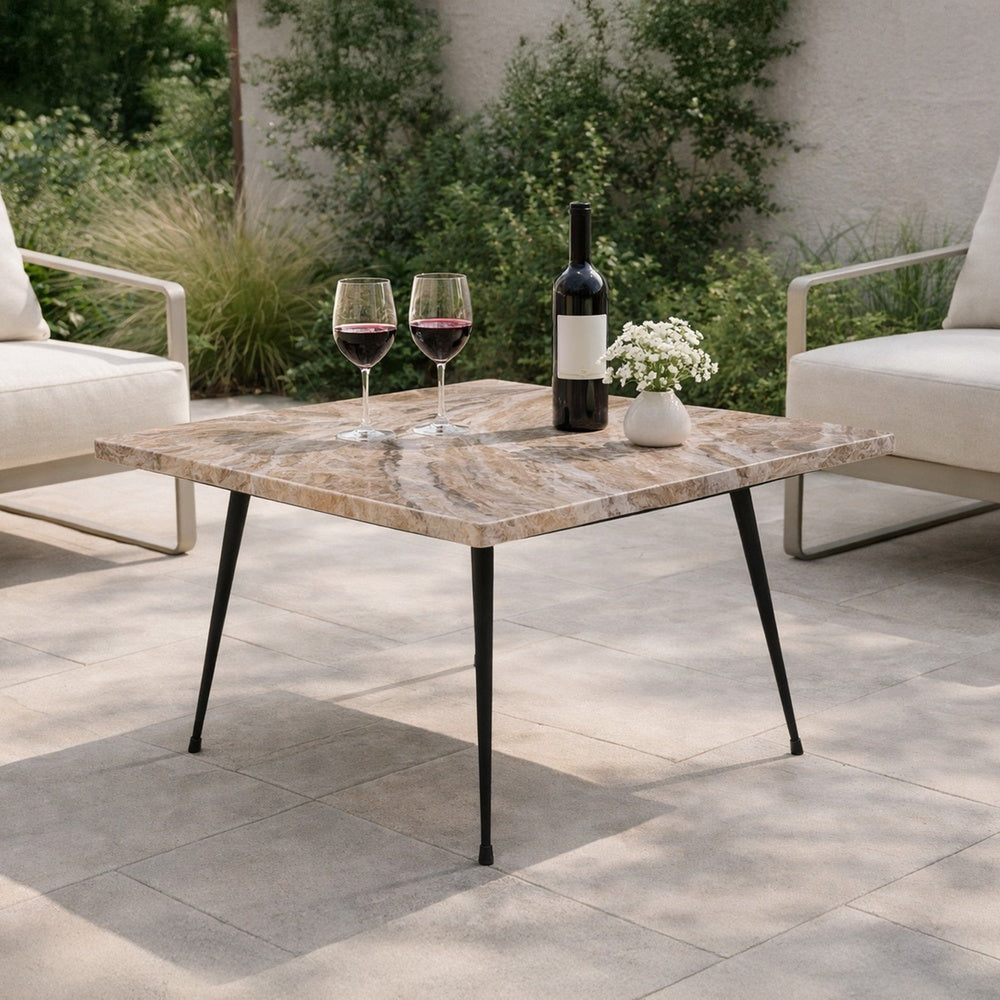 The Urban Port Taro Cocktail Table | 24 Inch Square Taupe Brown Marble Top | Indoor & Outdoor Patio Table | Black Metal Legs