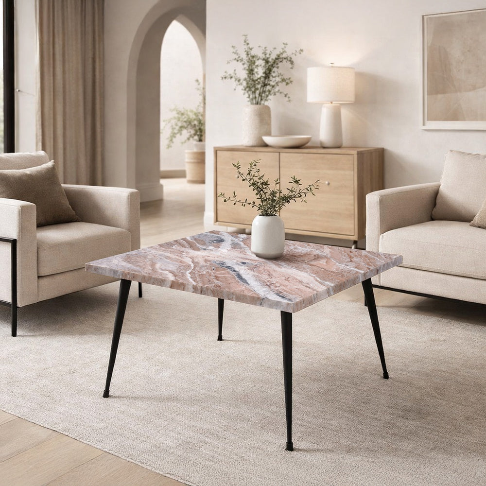 The Urban Port Taro Cocktail Table | 24 Inch Square Taupe Brown Marble Top | Indoor & Outdoor Patio Table | Black Metal Legs