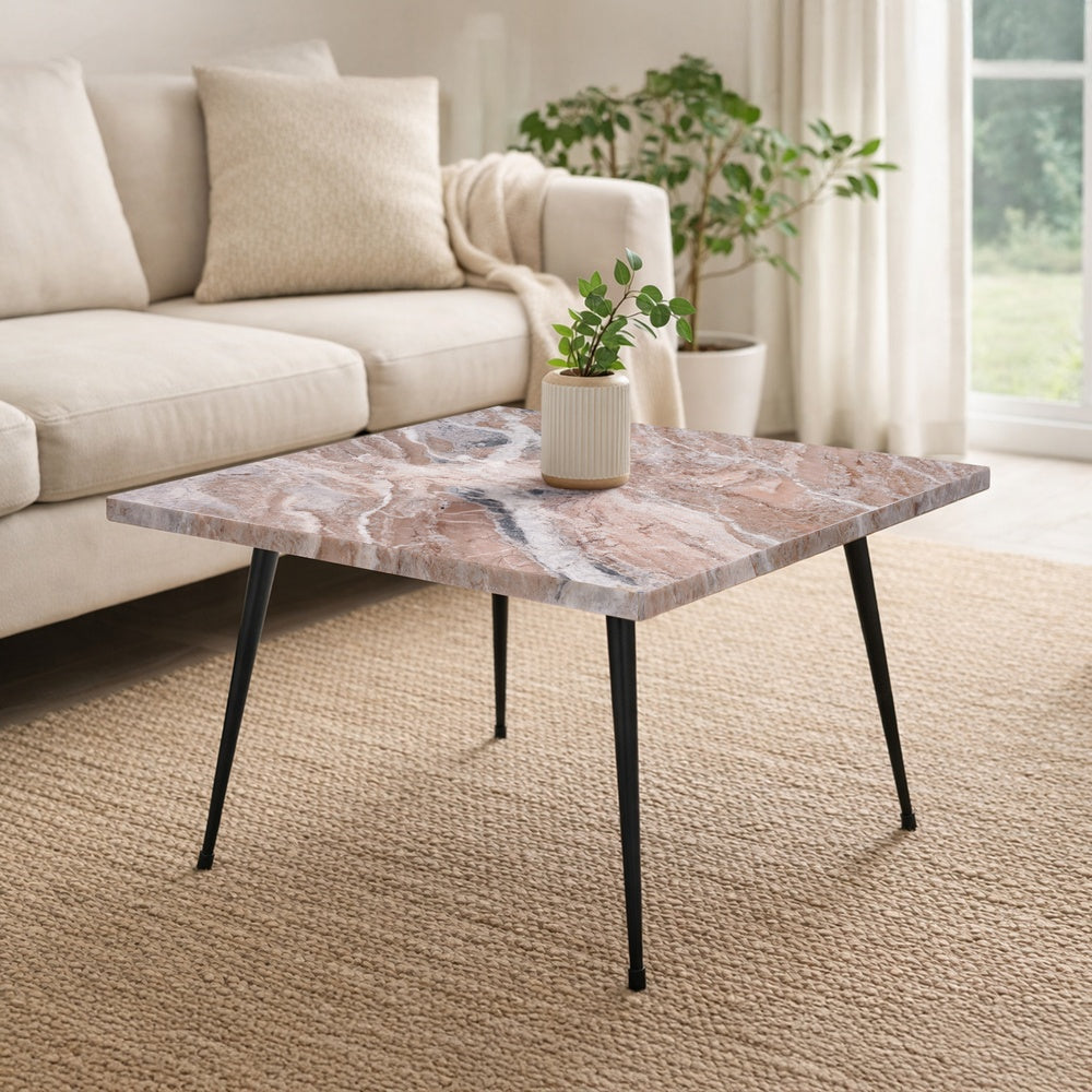 The Urban Port Taro Cocktail Table | 24 Inch Square Taupe Brown Marble Top | Indoor & Outdoor Patio Table | Black Metal Legs