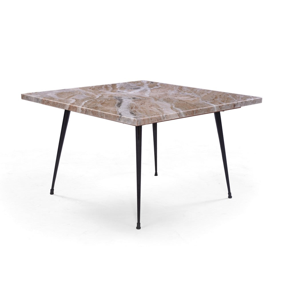 The Urban Port Taro Cocktail Table | 24 Inch Square Taupe Brown Marble Top | Indoor & Outdoor Patio Table | Black Metal Legs