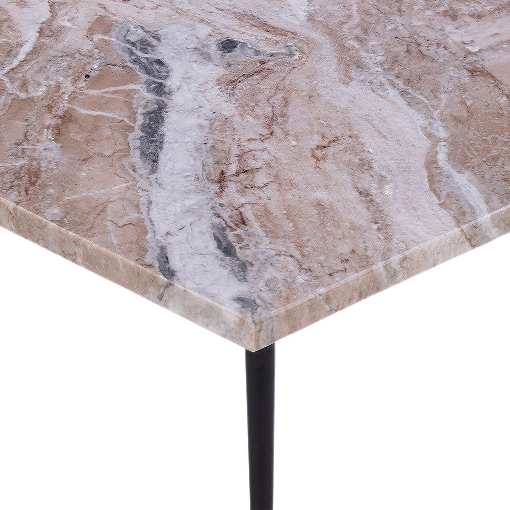 The Urban Port Taro Cocktail Table | 24 Inch Square Taupe Brown Marble Top | Indoor & Outdoor Patio Table | Black Metal Legs