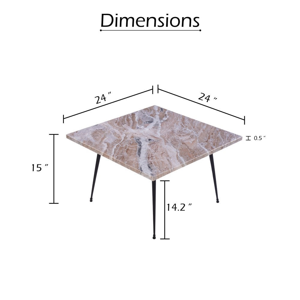 The Urban Port Taro Cocktail Table | 24 Inch Square Taupe Brown Marble Top | Indoor & Outdoor Patio Table | Black Metal Legs