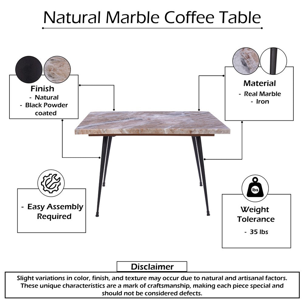 The Urban Port Taro Cocktail Table | 24 Inch Square Taupe Brown Marble Top | Indoor & Outdoor Patio Table | Black Metal Legs