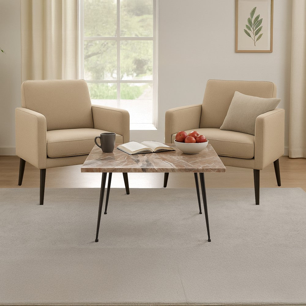 The Urban Port Taro Cocktail Table | 24 Inch Square Taupe Brown Marble Top | Indoor & Outdoor Patio Table | Black Metal Legs