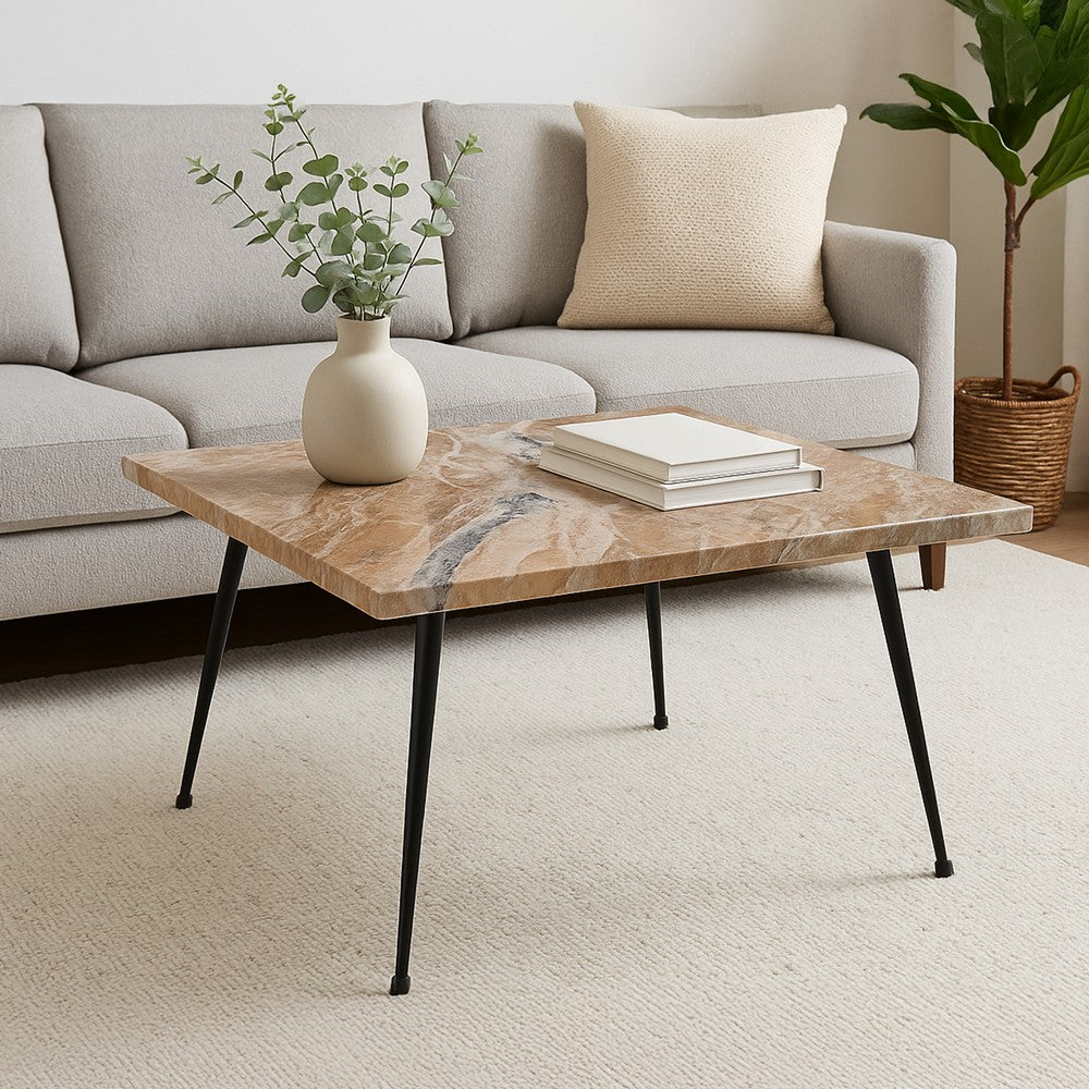 The Urban Port Taro Cocktail Table | 24 Inch Square Taupe Brown Marble Top | Indoor & Outdoor Patio Table | Black Metal Legs