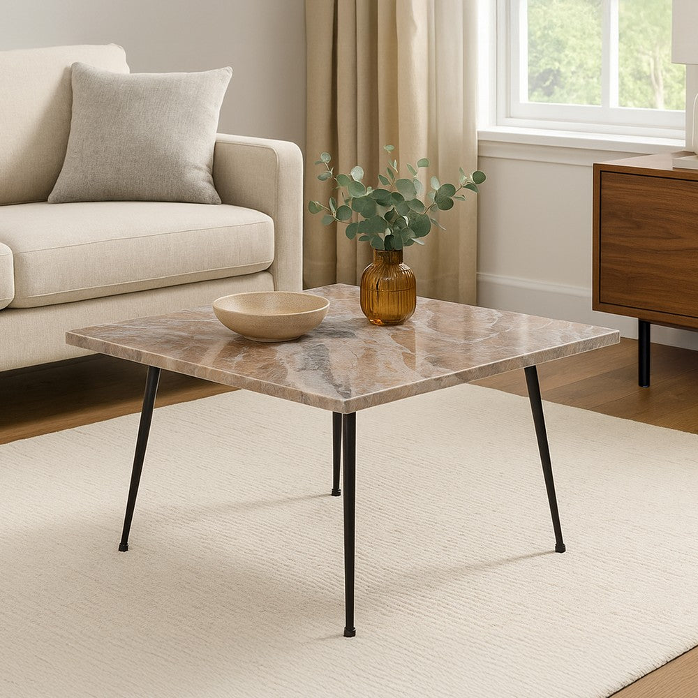 The Urban Port Taro Cocktail Table | 24 Inch Square Taupe Brown Marble Top | Indoor & Outdoor Patio Table | Black Metal Legs