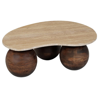 The Urban Port Resh Accent Coffee Table, Curved Natural Travertine Top, Round 3 Balls Wood Base