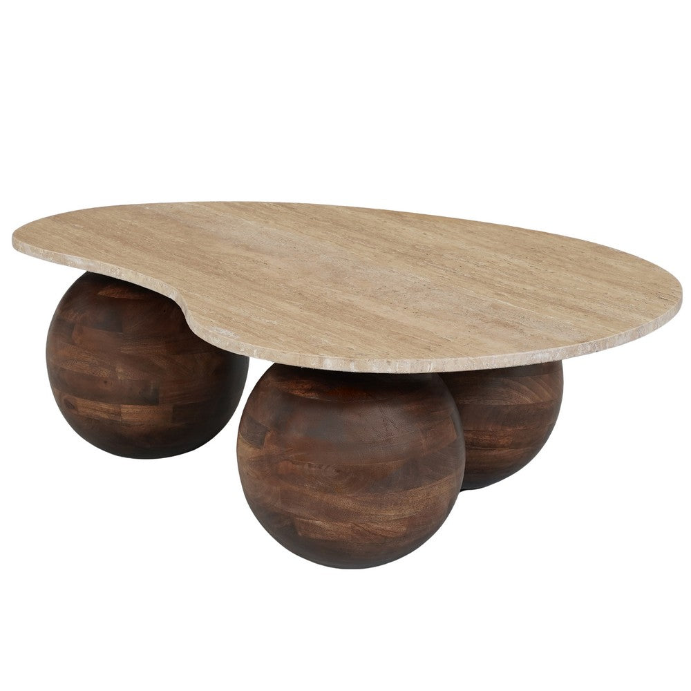 The Urban Port Resh Accent Coffee Table, Curved Natural Travertine Top, Round 3 Balls Wood Base
