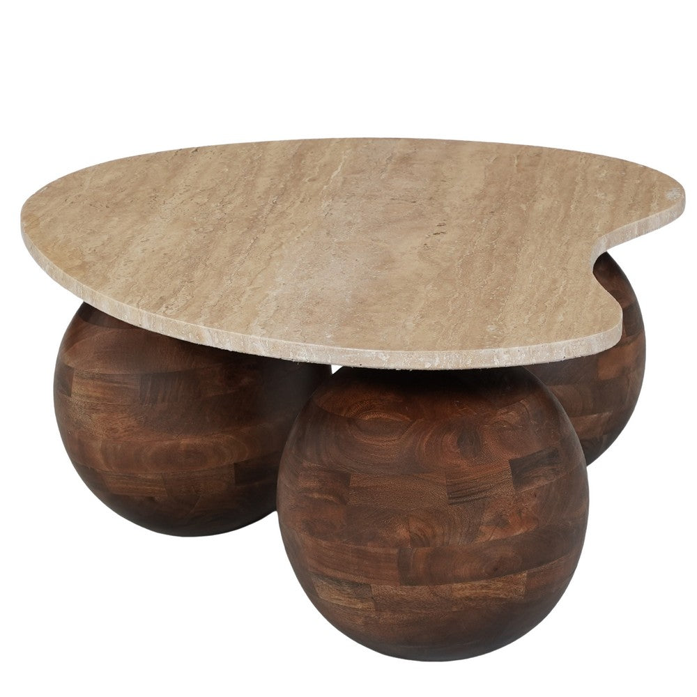 The Urban Port Resh Accent Coffee Table, Curved Natural Travertine Top, Round 3 Balls Wood Base