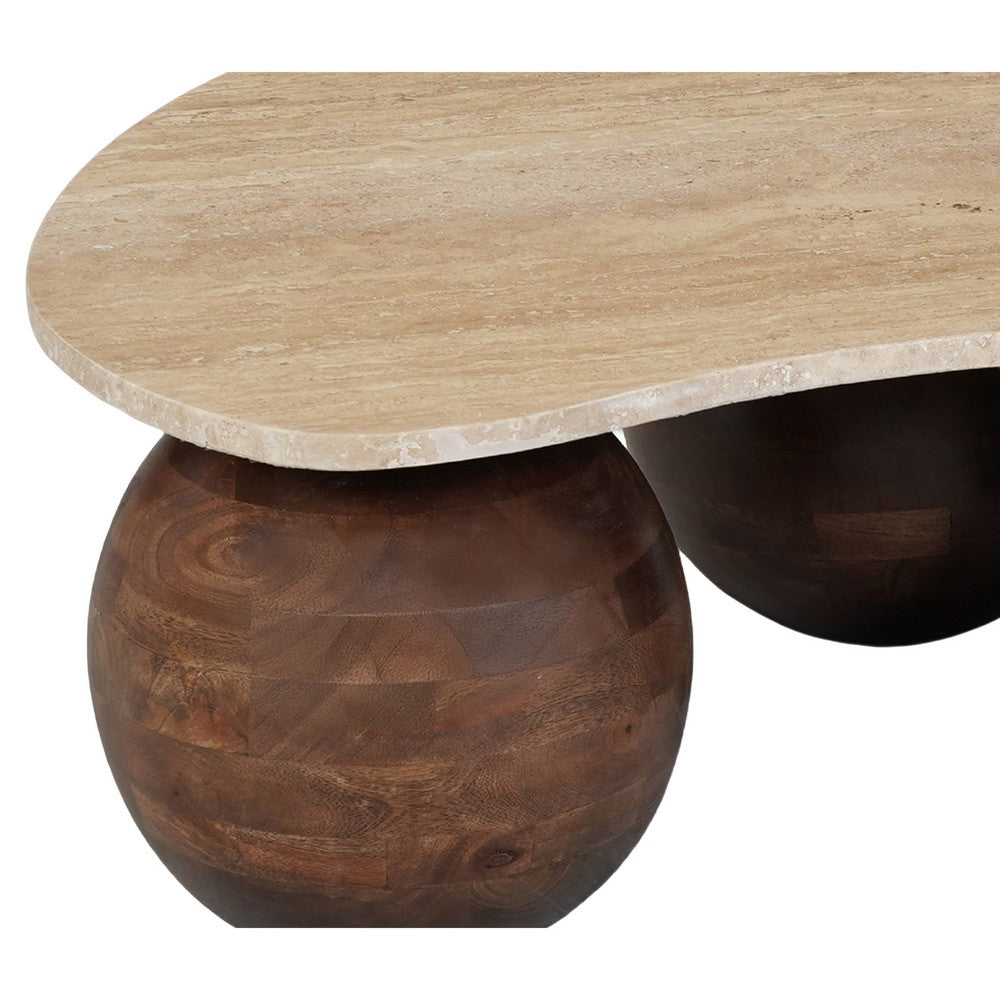 The Urban Port Resh Accent Coffee Table, Curved Natural Travertine Top, Round 3 Balls Wood Base