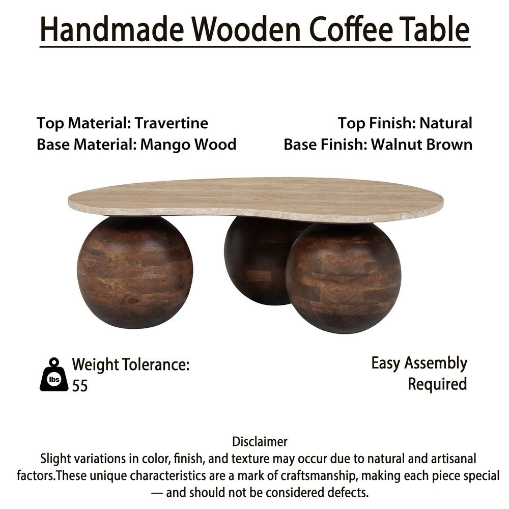 The Urban Port Resh Accent Coffee Table, Curved Natural Travertine Top, Round 3 Balls Wood Base