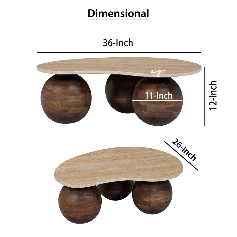 The Urban Port Resh Accent Coffee Table, Curved Natural Travertine Top, Round 3 Balls Wood Base