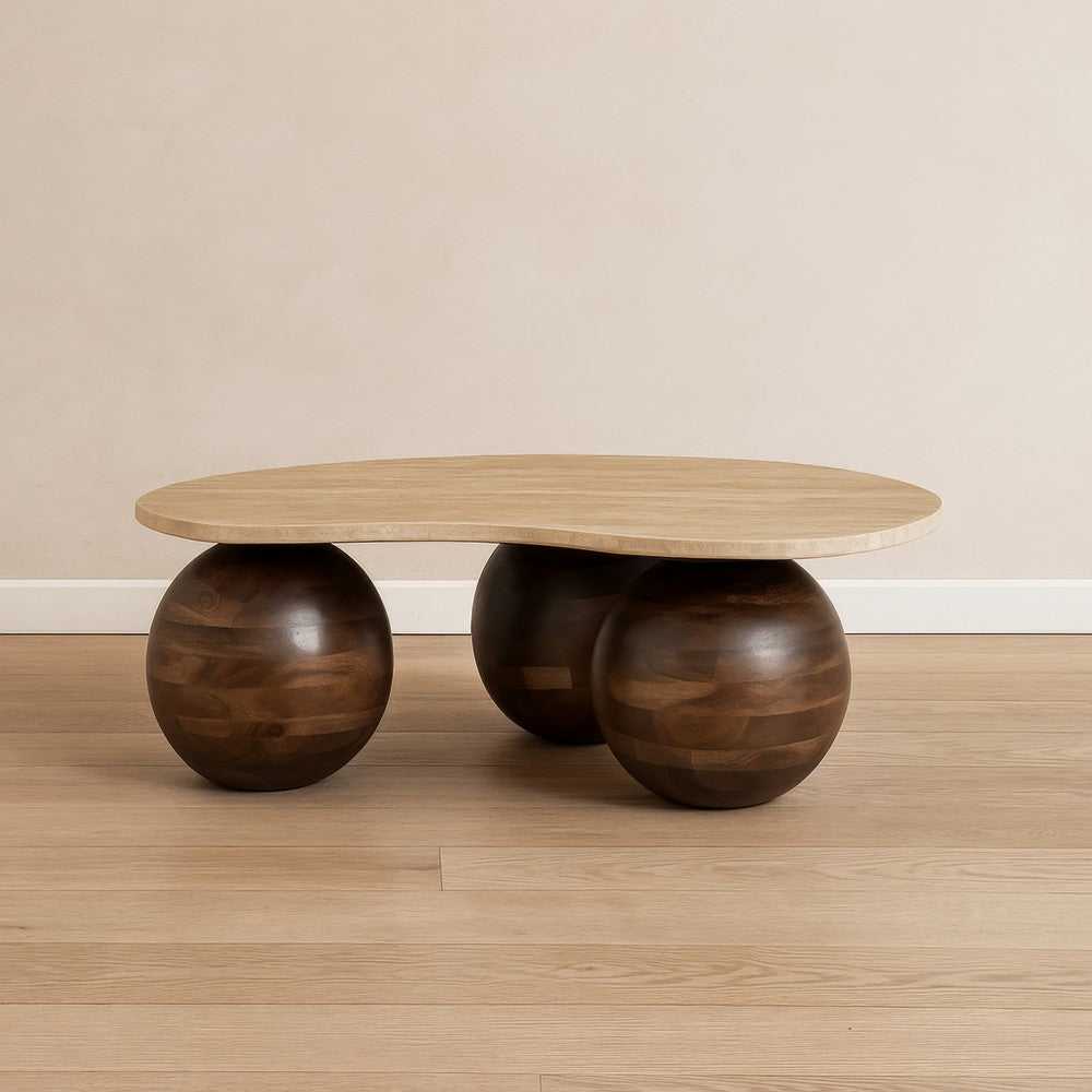 The Urban Port Resh Accent Coffee Table, Curved Natural Travertine Top, Round 3 Balls Wood Base