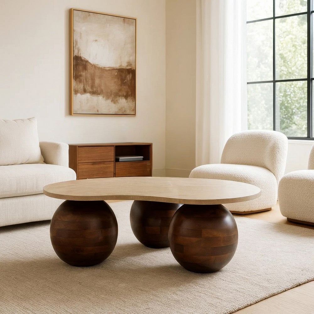 The Urban Port Resh Accent Coffee Table, Curved Natural Travertine Top, Round 3 Balls Wood Base
