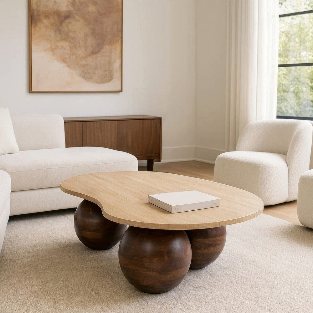 The Urban Port Resh Accent Coffee Table, Curved Natural Travertine Top, Round 3 Balls Wood Base