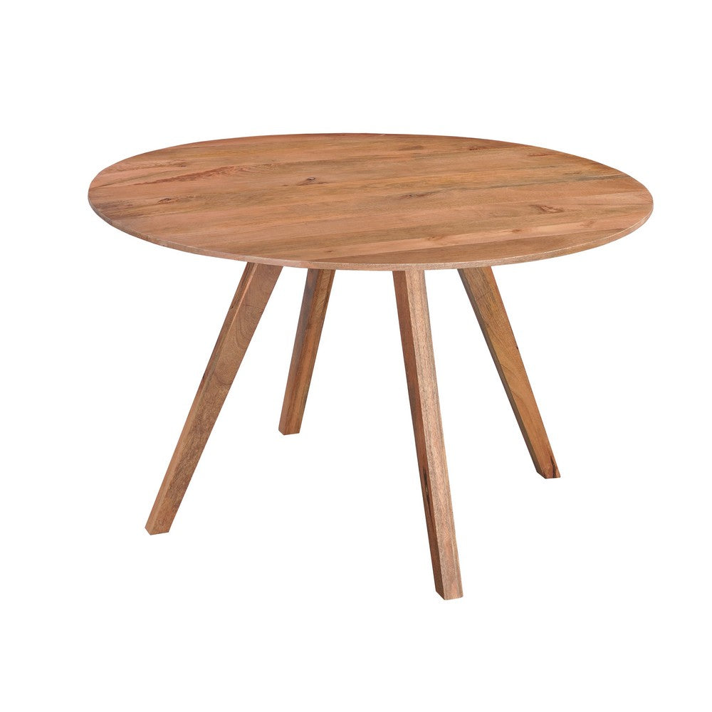 The Urban Port Temi Dining Table | 47" Round Top | Handmade Natural Brown Mango Wood | Angled Four Legged Base