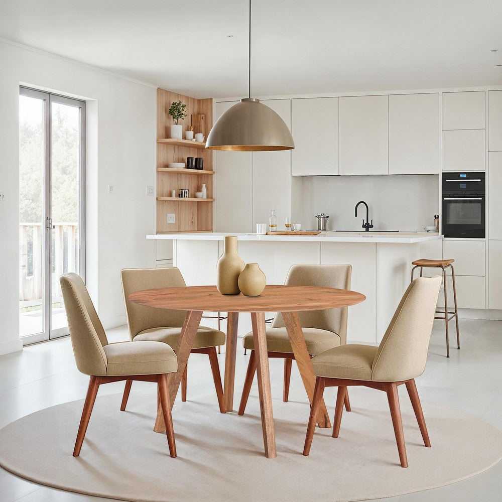 The Urban Port Temi Dining Table | 47" Round Top | Handmade Natural Brown Mango Wood | Angled Four Legged Base
