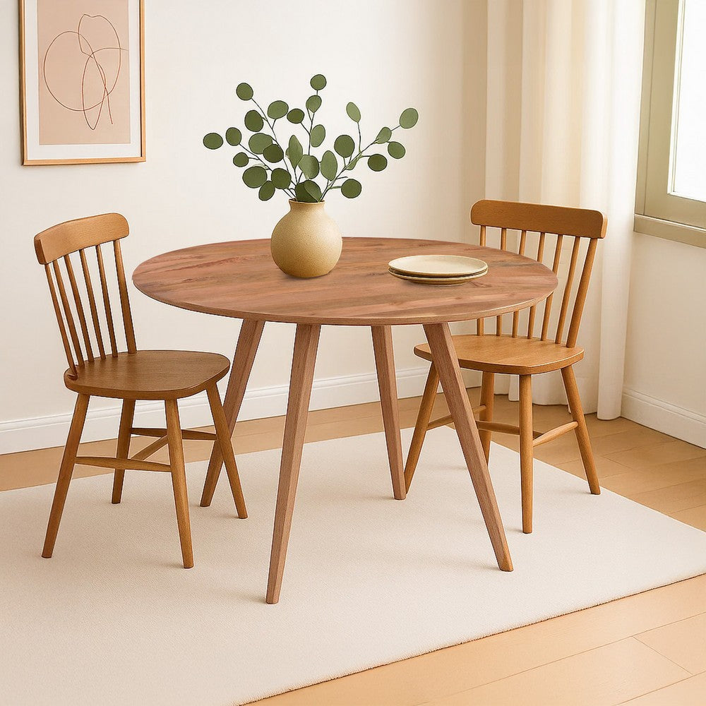 The Urban Port Temi Dining Table | 47" Round Top | Handmade Natural Brown Mango Wood | Angled Four Legged Base