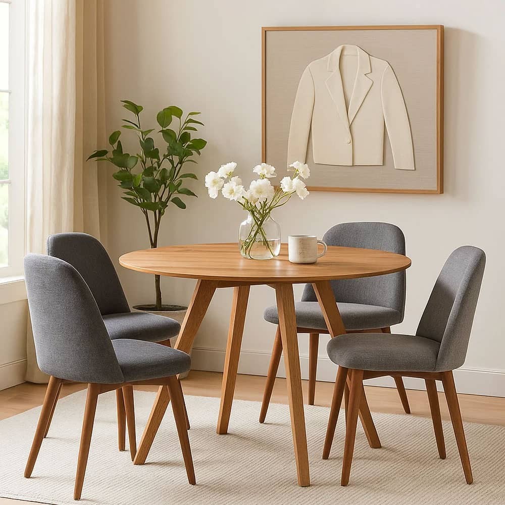 The Urban Port Temi Dining Table | 47" Round Top | Handmade Natural Brown Mango Wood | Angled Four Legged Base