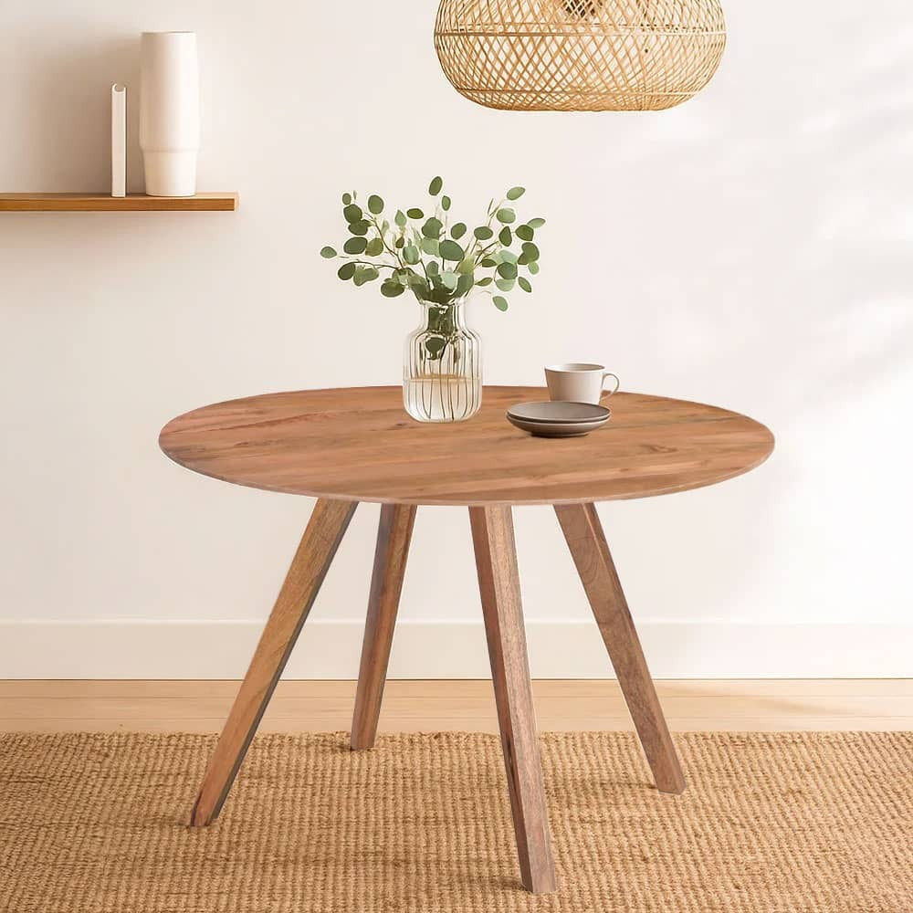 The Urban Port Temi Dining Table | 47" Round Top | Handmade Natural Brown Mango Wood | Angled Four Legged Base
