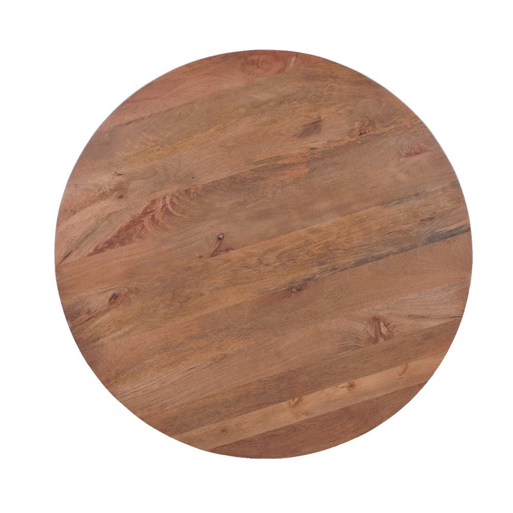 The Urban Port Temi Dining Table | 47" Round Top | Handmade Natural Brown Mango Wood | Angled Four Legged Base