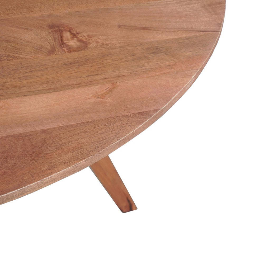 The Urban Port Temi Dining Table | 47" Round Top | Handmade Natural Brown Mango Wood | Angled Four Legged Base
