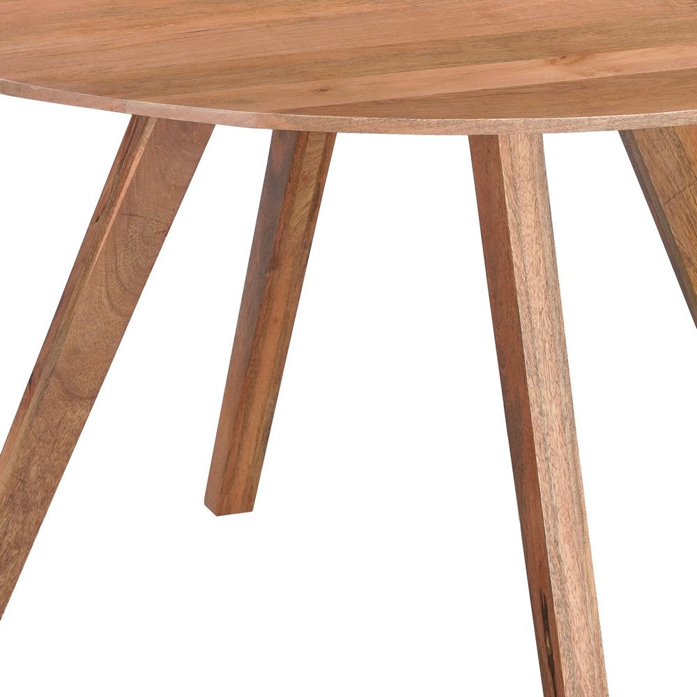 The Urban Port Temi Dining Table | 47" Round Top | Handmade Natural Brown Mango Wood | Angled Four Legged Base