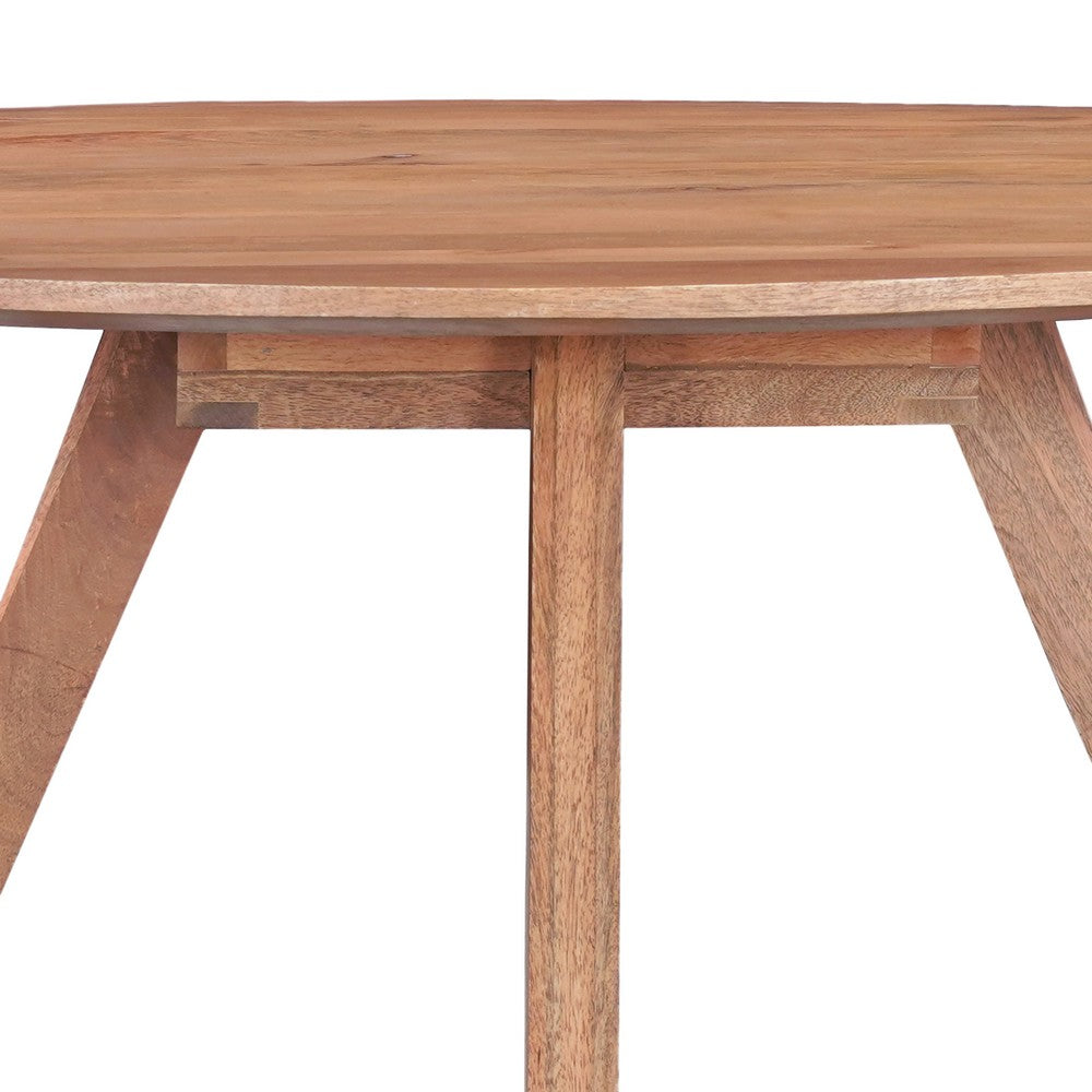 The Urban Port Temi Dining Table | 47" Round Top | Handmade Natural Brown Mango Wood | Angled Four Legged Base