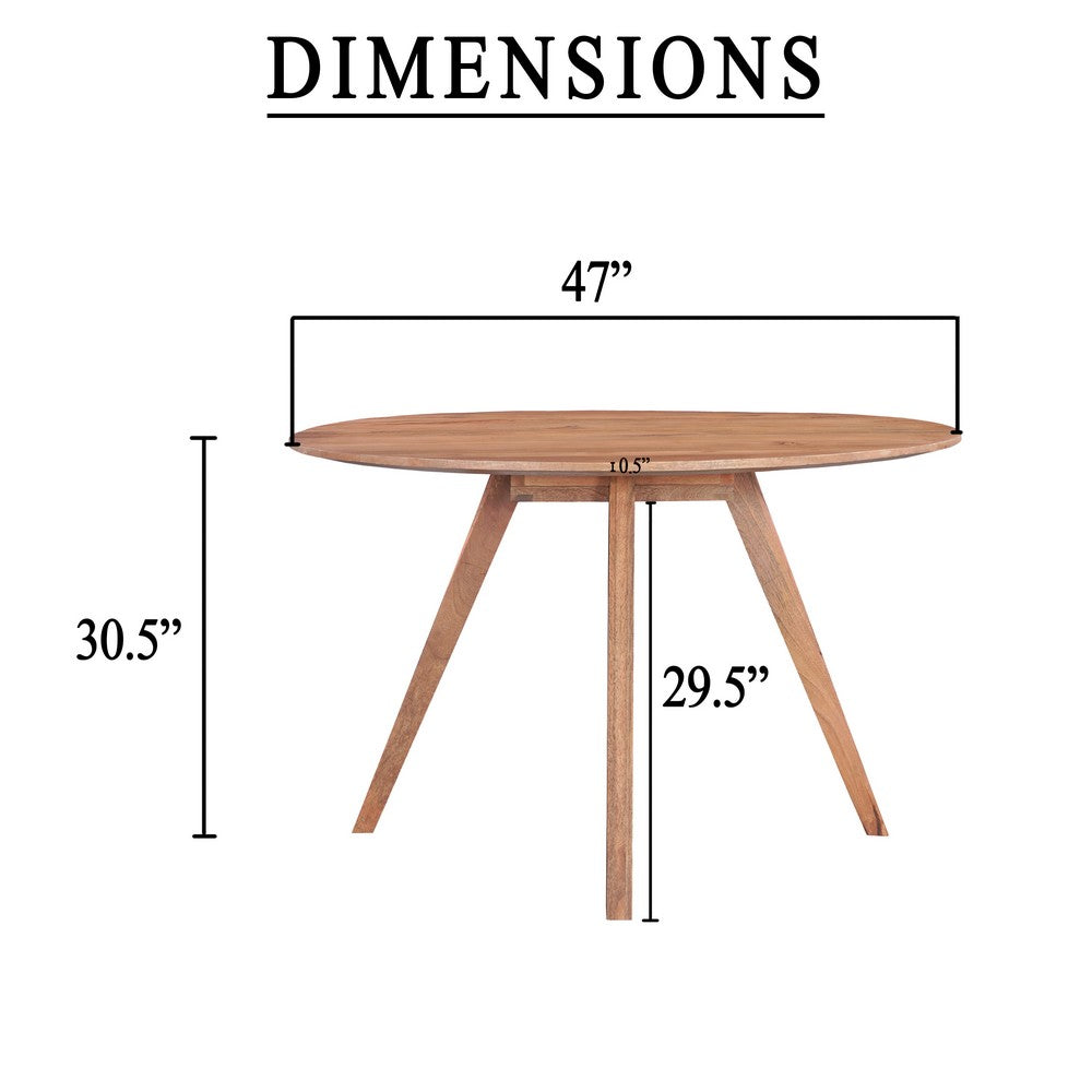 The Urban Port Temi Dining Table | 47" Round Top | Handmade Natural Brown Mango Wood | Angled Four Legged Base