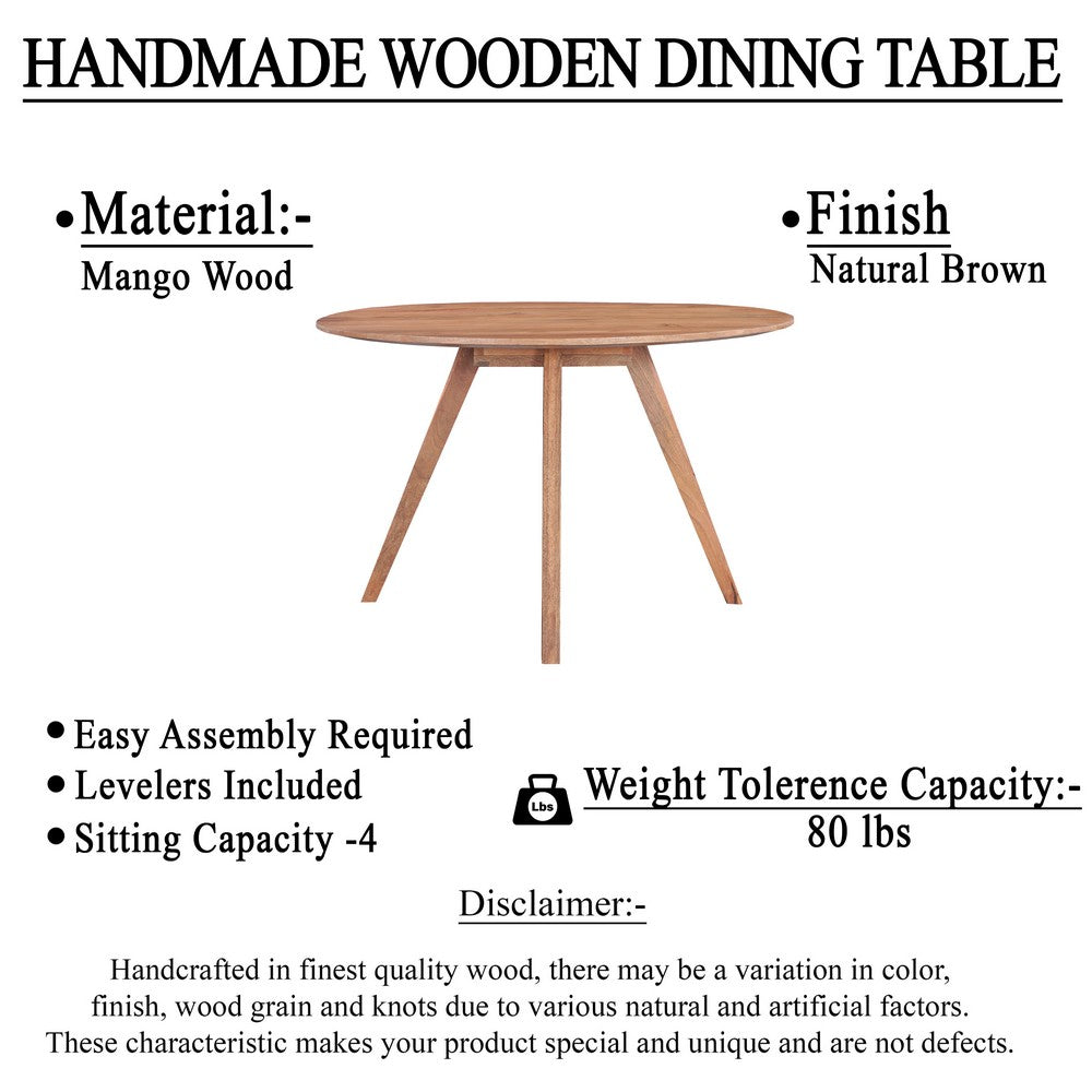 The Urban Port Temi Dining Table | 47" Round Top | Handmade Natural Brown Mango Wood | Angled Four Legged Base
