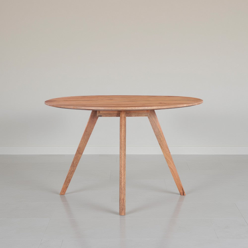 The Urban Port Temi Dining Table | 47" Round Top | Handmade Natural Brown Mango Wood | Angled Four Legged Base
