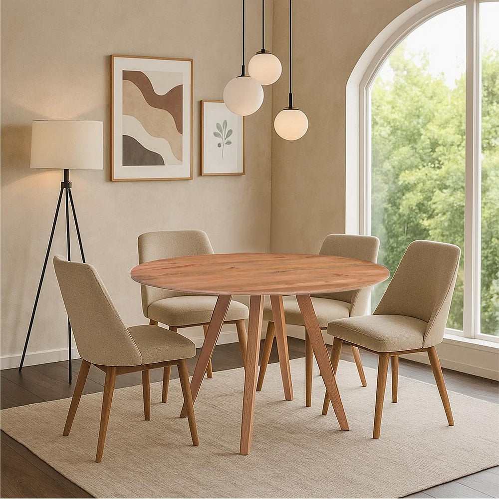 The Urban Port Temi Dining Table | 47" Round Top | Handmade Natural Brown Mango Wood | Angled Four Legged Base