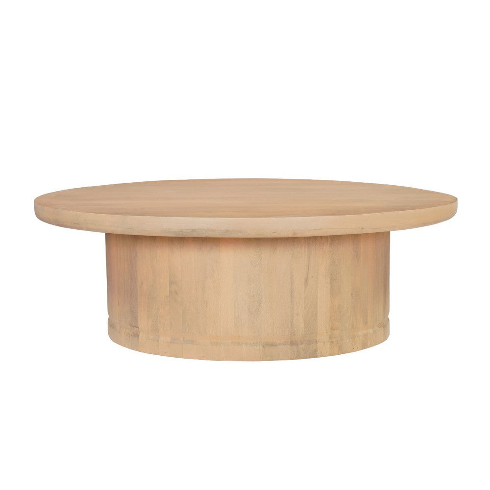 The Urban Port Bela Coffee Table | 47 Inch Round Top | Handcrafted Beige Mango Wood Pedestal Base