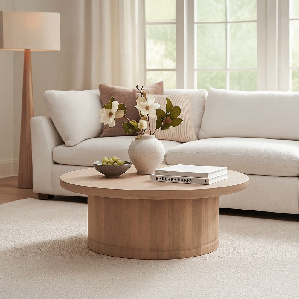 The Urban Port Bela Coffee Table | 47 Inch Round Top | Handcrafted Beige Mango Wood Pedestal Base