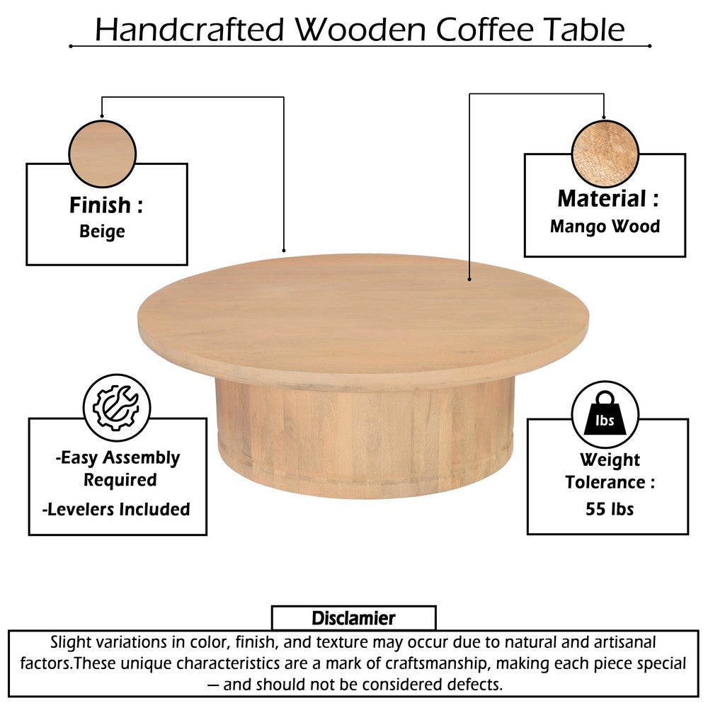 The Urban Port Bela Coffee Table | 47 Inch Round Top | Handcrafted Beige Mango Wood Pedestal Base