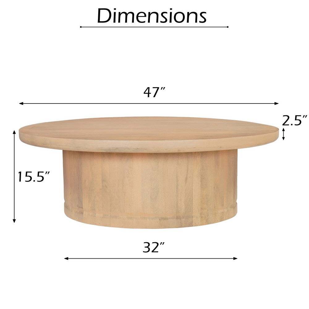 The Urban Port Bela Coffee Table | 47 Inch Round Top | Handcrafted Beige Mango Wood Pedestal Base