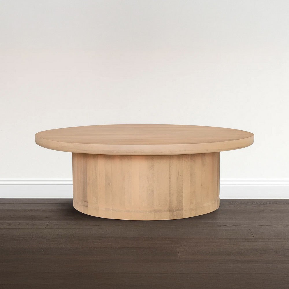 The Urban Port Bela Coffee Table | 47 Inch Round Top | Handcrafted Beige Mango Wood Pedestal Base