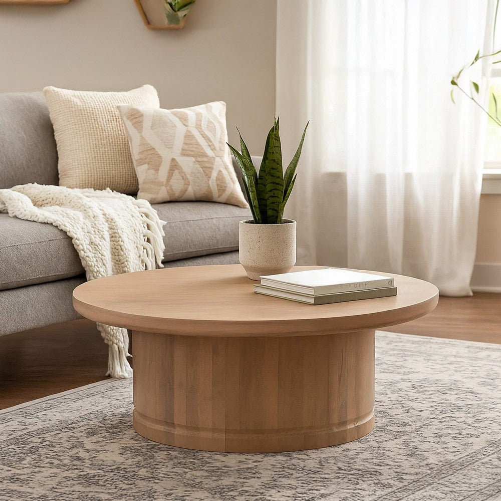 The Urban Port Bela Coffee Table | 47 Inch Round Top | Handcrafted Beige Mango Wood Pedestal Base