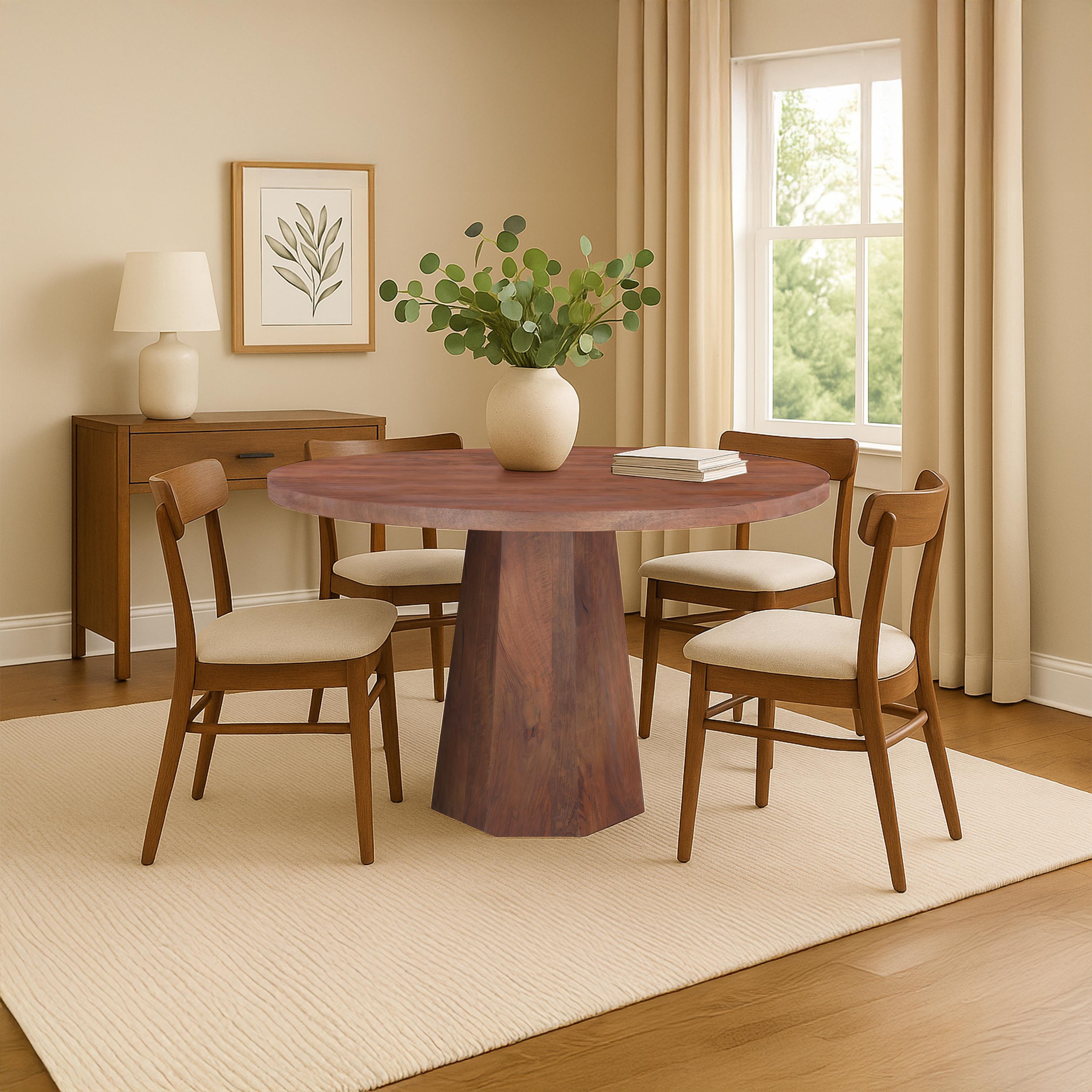 The Urban Port Koi Dining Table | 42" Round Top | Handmade Ambre Brown Mango Wood | Octagonal Pedestal Base