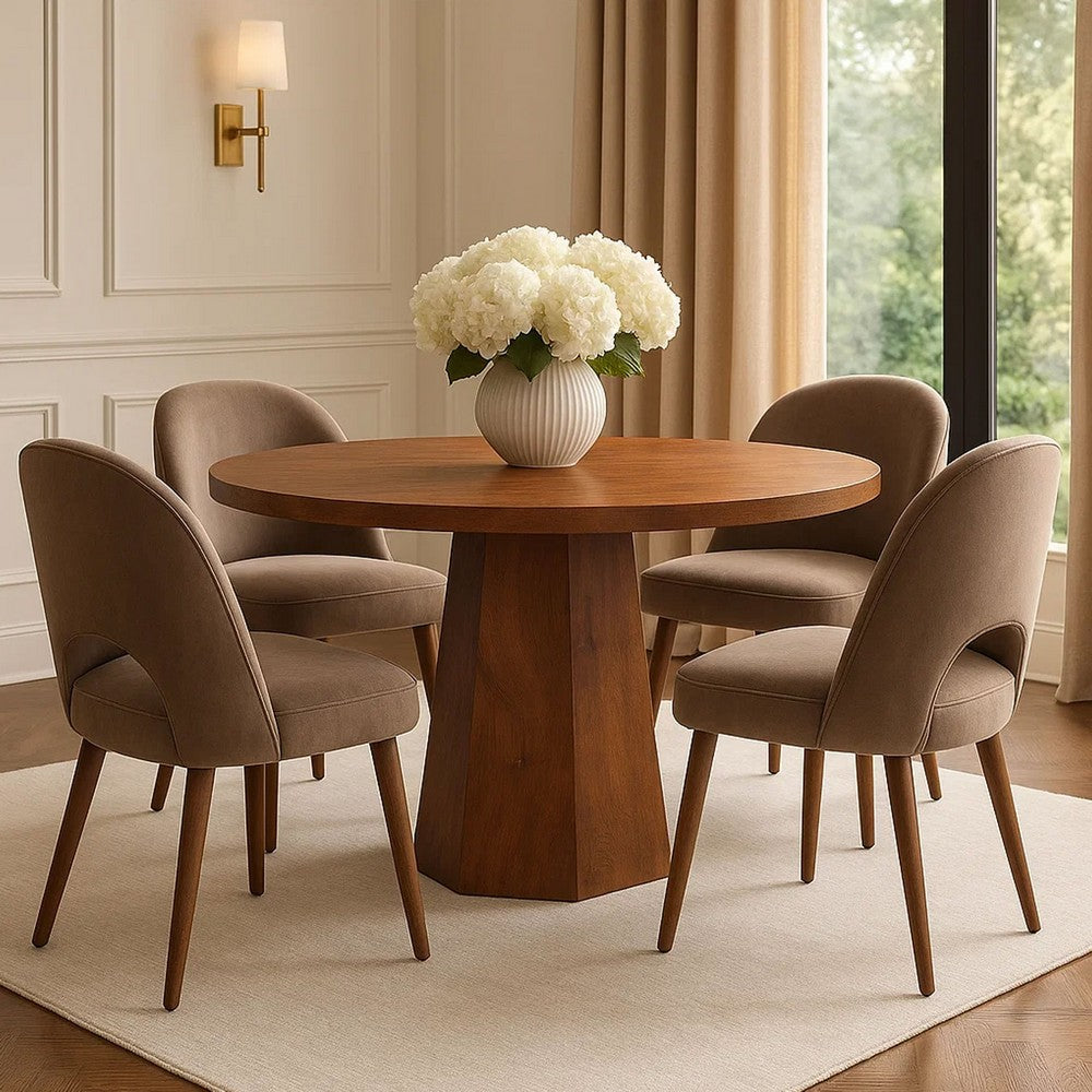 The Urban Port Koi Dining Table | 42" Round Top | Handmade Ambre Brown Mango Wood | Octagonal Pedestal Base