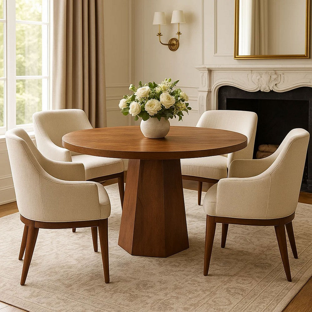 The Urban Port Koi Dining Table | 42" Round Top | Handmade Ambre Brown Mango Wood | Octagonal Pedestal Base